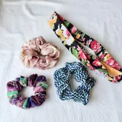 チチカカ シュシュ ヘアバンド 4点セット エスニック 花柄 紫青ピンクのサムネイル