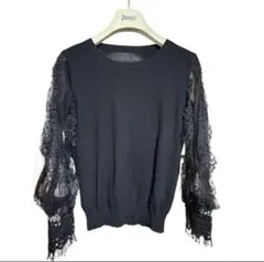 レース 袖 ブラックニット 長袖 丸首