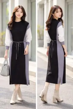 【美シルエット】配色ニットワンピース Fサイズ ウエストリボン付き 上品 大人