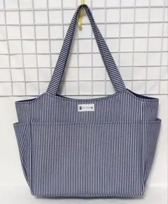 ヒッコリー カラーデニム・ネイビー・サイドポケット付きトートバッグW