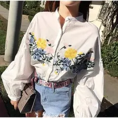即日発送★花柄刺繍　シャツ　刺繍ブラウス レディース トップス