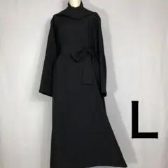 461 着物リメイク 正絹 黒無地ワンピース Ｌサイズ リボン＆スカーフ付き