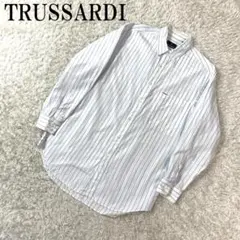 トラサルディ 長袖シャツ 綿 コットン ストライプ 青 白 M B2079