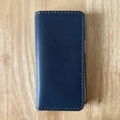 ハンドメイド　ネイビー レザー 手帳型iPhone14ケース
