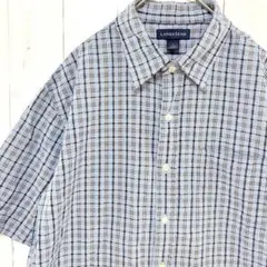 ランズエンド LANDS' END チェック柄半袖綿シャツ ブルー 青 Mのサムネイル