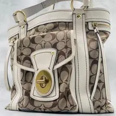 コーチ トートバッグ ブラウン ホワイト キャンバス ターンロック 10640