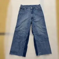 デニムブルー ワイドレッグジーンズ フリンジ裾