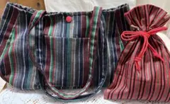 ハンドメイド　トートバック　サブバック (縦じま柄) 軽量　巾着袋セット