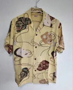 SUNSURF 能面 アロハシャツ M 半袖シャツ 鬼 般若 イエロー系 和柄のサムネイル
