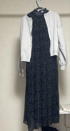 lumier ネイビー白ドットシャツワンピース＋カーディガン