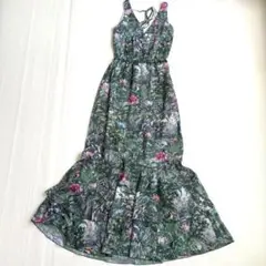 【リゾート風】H&M 【32】ジャングル柄 ノースリーブロングワンピ ドレス 緑