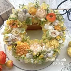 春色＊プリザーブド＊フラワーリース　ドライフラワー　イエロー　黄色　ローズ