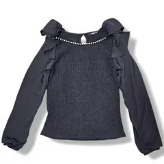 INGNI フリルニット シフォン袖 ビジュー ブラック M 春トップス