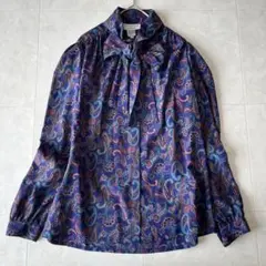 ヴィンテージ✨ペイズリー柄ボウタイシャツブラウス　パープル　サイズ10
