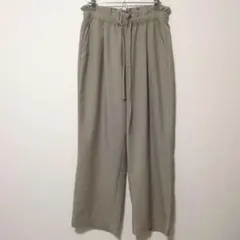 フリルウエスト ワイドパンツ グレージュ L ゆったり 楽ちん 洗える