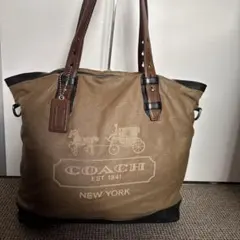 「COACH コーチ」 馬車ロゴ キャンバストートバッグ大容量