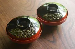 デッドストック！上質溜塗に優美な松葉蒔絵の映えるお椀2点（検輪島塗雑煮椀 デッドストック！上質溜塗に優美な松葉蒔絵の映えるお椀2点（検