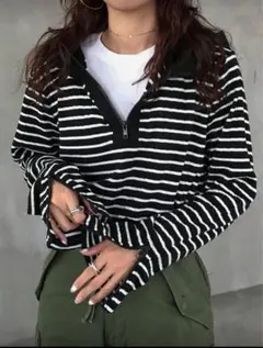 FRIFLフード付きストライプ長袖トップススウェット ニットカットソー セーター