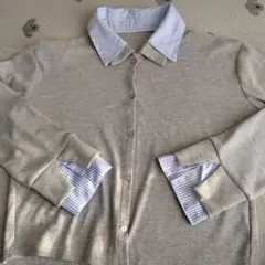 グレー ストライプ襟 長袖ポロシャツ L
