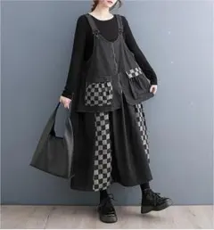 新品 大きいサイズ 3Lサロペット スカート 秋冬 デニム チェック柄 レトロｈ