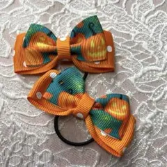 ハロウィンオレンジと水色のドット柄リボンヘアゴム2個セット