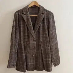 プリーツ　ブラウンチェック テーラードジャケット　羽織り　M