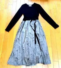 index 長袖ニット花柄ロングワンピース M