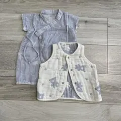 ベビー服　スリーパー　新生児　ベスト　甚平　クマ柄 グレー