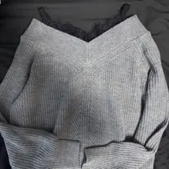 グレー Vネック ニットセーター 長袖 オフショルダー