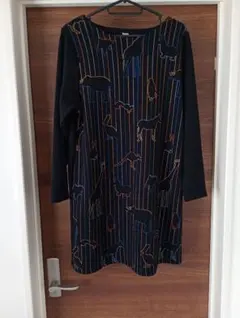 【美品】グラニフ　長袖　ワンピース　動物柄刺繍　ブラック　F　フリーサイズ