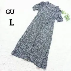 GU　小花柄　ロングワンピース　フロントボタン　L　黒　緑　半袖　マキシ丈318