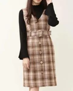 平成レトロ　ワンピース　ウエストベルト　チェック　重ね着