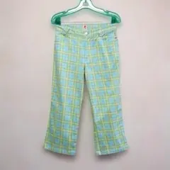 【美品】クレージュ カジュアルパンツ 38 M 水色×黄緑 チェック柄 日本製