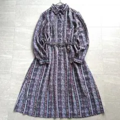 レトロ 花柄 ストライプ ワンピース ベルト 長袖 ヴィンテージ 総柄 フレア