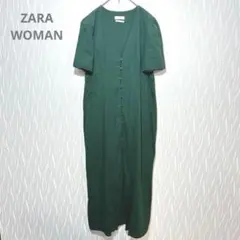 ZARA WOMAN コットンリネン ロングワンピース 半袖 前開き ナチュラルのサムネイル