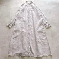 ネストローブ リネン シャツワンピース ラッフル袖 朝顔染め ピンクベージュ F