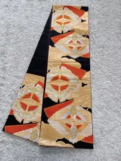 【逸品】黒地 鳳凰・蝶・扇 吉祥柄 正絹 袋帯 振袖に