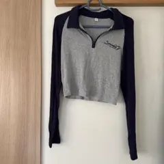 SHEIN グレー/ネイビー 長袖クロップドTシャツ
