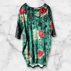 大判ローズ柄 クラッシュベロア チュニック ワンピース 緑×黒 薔薇