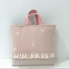 ヌビ フリル付きレッスンバッグ　イブルレッスンバッグ　ヌビ手提げ袋　リボン柄