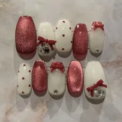 【no.66】ネイルチップ　ショートバレリーナ　赤マグ×白　リボン　大人ガーリー