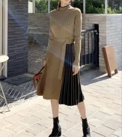 ベルト付配色プリーツワンピース（秋冬用）