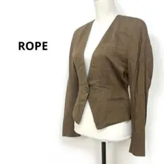 【ロペ】ノーカラー　ジャケット(M)日本製　麻　レーヨン　長袖　デザイン　スーツ