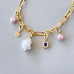 大粒 バロックパール チェーンネックレス マンテル ラッキーチャーム 4 