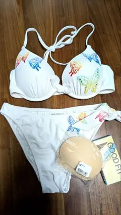 【未使用】水着 4点セット 白 蝶 ラインストーン Мサイズ ビキニ