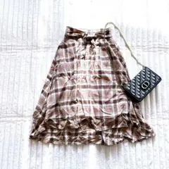しまむら　ロングフレアスカート L ライトブラウン系　チェック柄　ウエストリボン