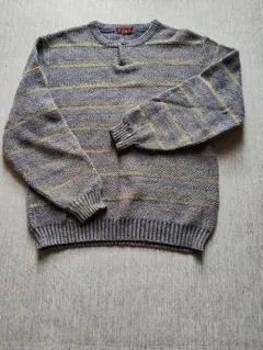 グレー・イエロー ストライプ ニットセーター M