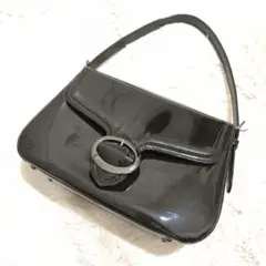 極美品】銀座かねまつ エナメル ショルダーバッグ 黒 フォーマル 