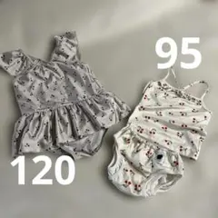 キッズ 水着 2点セット 95 120 チェリー柄♡ 姉妹 ふりふり　女の子
