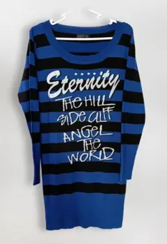 CHERRY POP ボーダーニットワンピ L ロゴ ブルー